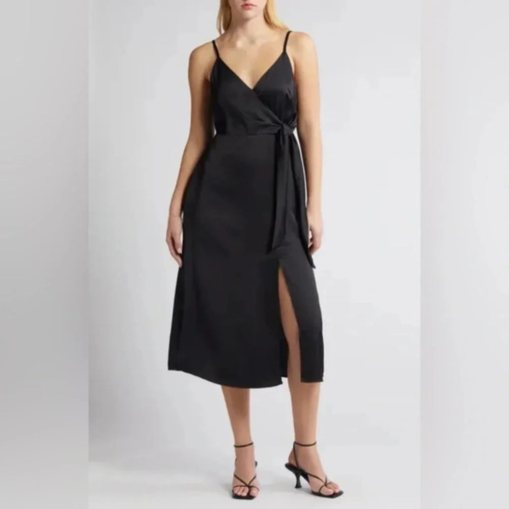 Chelsea 28 Side Tie Black Satin Midi Wrap Type Dress /side slit. Women’s size S